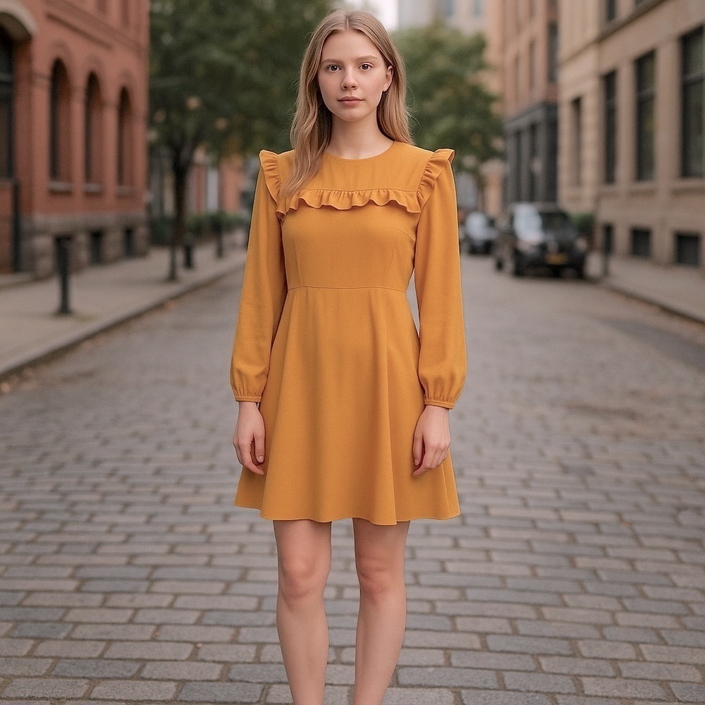 Zara Woman | Mustard Yellow Mini Dress Ruffle Trim L